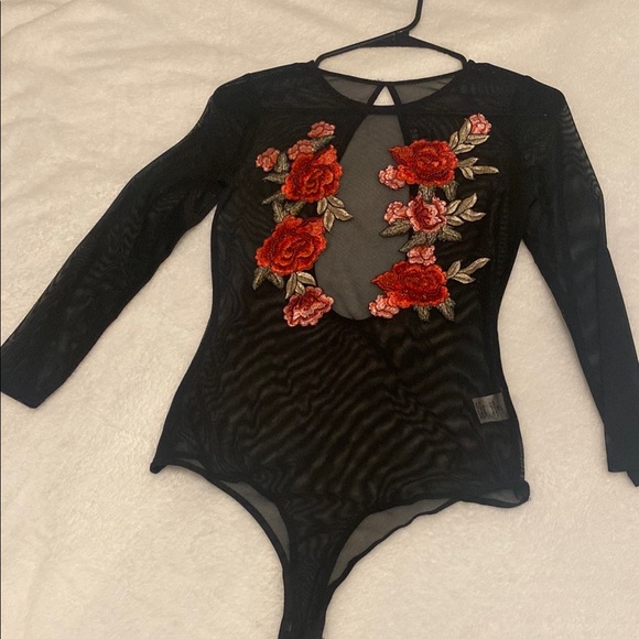 Black Sheer Bodysuit with Red Floral Embroidery - Picture 6 of 6